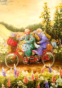 Postal Dos Viejas Damas Tías Hermanas Tándem Bicicleta Viaje Inge Look Finlandia - Imagen 1 de 1