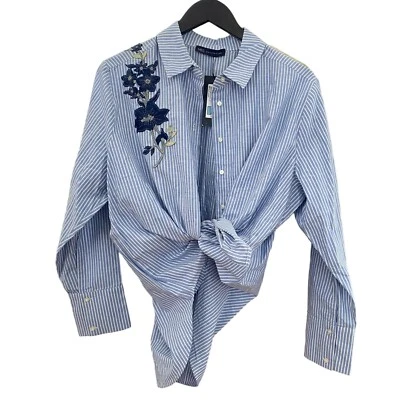 London UK Fine Cotton NWT blue stripe button down embroidered Oxford shirt US10 - Image 1 of 4