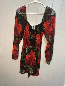 Black Floral Rose Detailed Square Neck Bodycon Dress Size  Medium Windsor - Picture 1 of 7