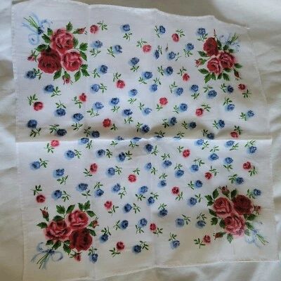 Pañuelo de lino vintage 11,5 pulgadas cuadradas rosas rojo azul verde fondo blanco Foto 1 de 4