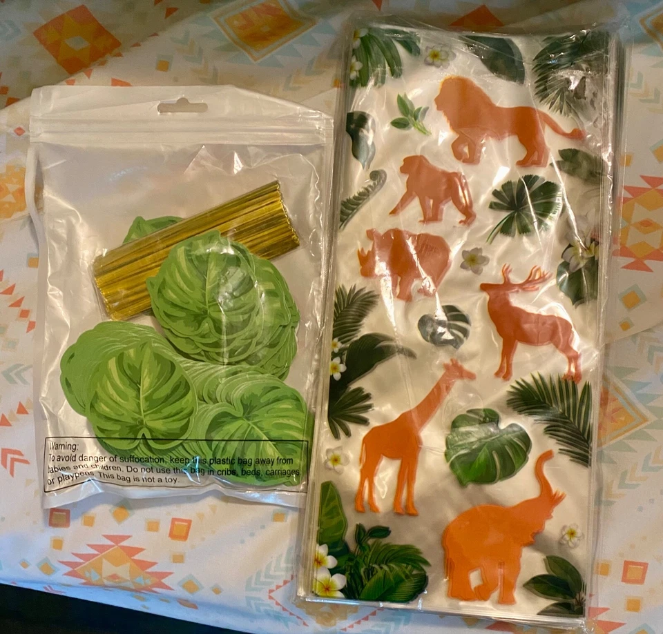 Bolsas de golosinas Wild JUNGLE Animal SAFARI TEMA CELOFÁN, hojas de palma y corbata giratoria Foto 1 de 4