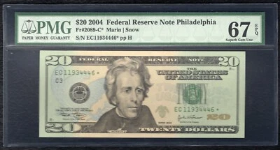 FR. 2089-C* 2004 $20 *STAR* FRN PHILADELPHIA, PA PMG GEM UNCIRCULATED-67EPQ (S) - Image 1 of 2