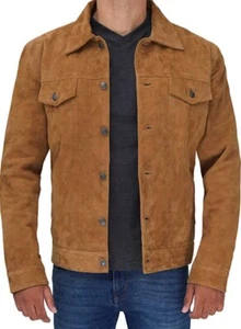 Men Tan suede trucker jacket, Men suede multi pocket jacket, Shirt collar jacket - Picture 1 of 5