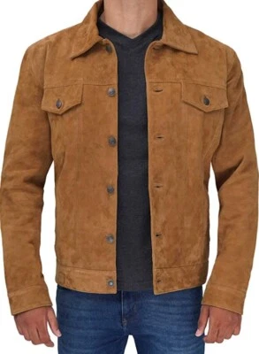 Men Tan suede trucker jacket, Men suede multi pocket jacket, Shirt collar jacket - Image 1 of 4