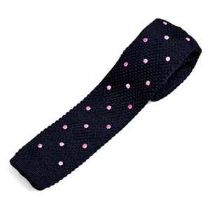 Men's Skinny Knit Tie Square End Navy with Embroidered Pink Polka Dots 58"x2" - Picture 1 of 7