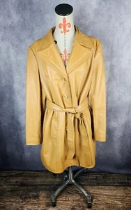 VTG 70s Montgomery Ward The Tannery   Womens Caramel Leather Jacket Trench Sz L - Picture 1 of 12