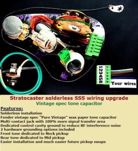 Fender Stratocaster Solderless SSS wiring harness + Fender Pure Vintage Tone cap - Picture 1 of 7