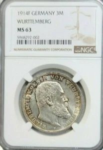 1914 GERMANY SILVER 3 MARK WURTTEMBERG WILHELM II NGC MS 63 BRIGHT BEAUTIFUL  - Picture 1 of 4