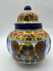 Talavera Amaro Mexico Pottery Canister Jar + Lid Multicolor, Flowers with leaves - Picture 1 of 9