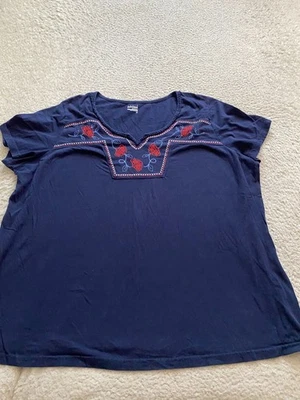 Basic Edition Women Embroidered Short Sleeve Henley Blouse Navy Size 2X - Image 1 of 4