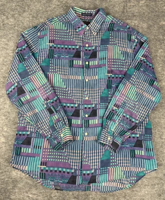 Vintage Neiman Marcus Shirt Mens XL Purple Blue Abstract Linen Blend USA Made - Image 1 of 4