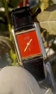 Must De Cartier Tank Vintage Red Burgundy Manual Wind 21x28mm Gold Plated Watch - Picture 1 of 9