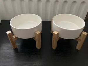 Dog/Cat Raised Ceramic Water/Food Bowls With Wooden Stands X2 - Lightly Used - Picture 1 of 3