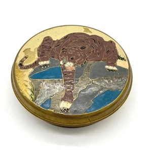 Vintage Brass Trinket Jewelry Pill Box Round Tiger Motif Decorative Asian Decor - Picture 1 of 6