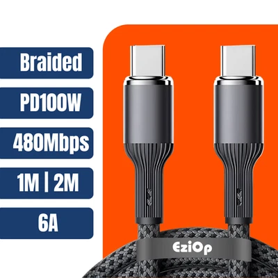 EziOp™ C-C Cable 6A 100W PD Fast Charging Braided Durable 480Mbps Smart Chip - image 1 of 4