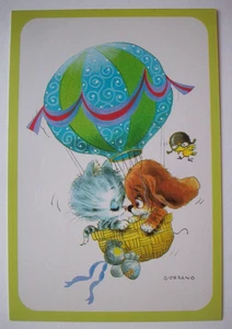 Vintage 80er Hund & Katze im Heißluftballon Norcross Postkarte 1980 Giordano - Bild 1 von 2
