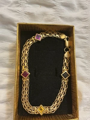 Estate 14k Yellow Gold Multi-colored Gemstone Bismark Bracelet Make Me A Offer - Image 1 of 4