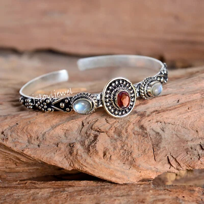 Faceted Garnet & Labradorite Gemstone 925 Sterling Silver Oxidized Gift Bracelet - Image 1 of 4