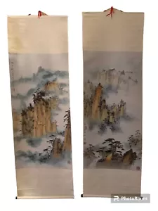 Silk Arts Tapestry Set Of 2 Asian Oriental Mountains Bonsai 49 X16 - Picture 1 of 14