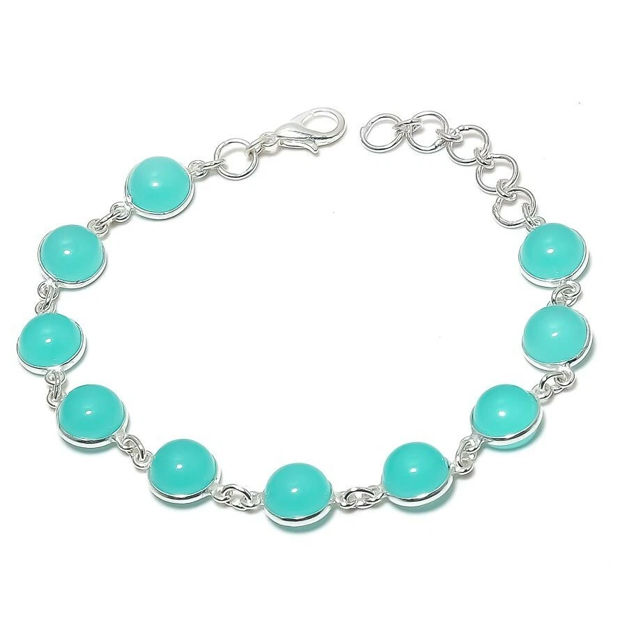 Aqua Chalcedony Gemstone Handmade 925 Sterling Silver Jewelry Bracelet Sz 7-8" - Image 1 of 1