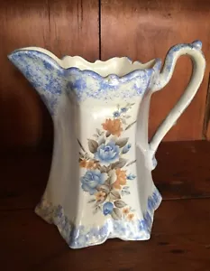 Vintage 1900s Style Blue Brown Roses 8" Ornate Scalloped Paneled Ceramic Pitcher - Picture 1 of 9