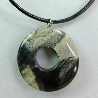 Gray and Black Agate 1 1/4 inch Stone Donut 19" Leather Cord Necklace NEW #81 - Image 1 of 3