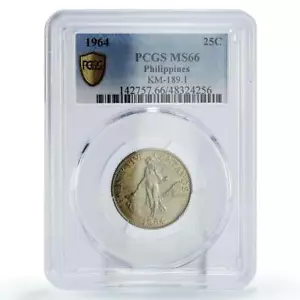 Philippines 25 centavos Regular Coinage Liberty KM189.1 MS66 PCGS CuNi coin 1964 - Picture 1 of 2