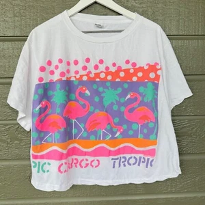 Vintage Turtle Bay T-Shirt 1980s Flamingos Crop Top One Size Cargo Tropic - Picture 1 of 8
