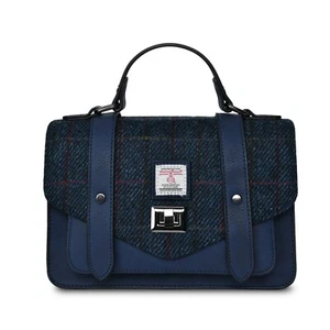 Harris Tweed Large Satchel Bag Navy Over Check Zipped Pockets Shoulder Strap - Picture 1 of 4