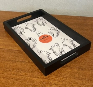 Vassoio da portata Halloween in legno dipinto nero con simpatico fantasma bianco e nero 16”X10” - Foto 1 di 4
