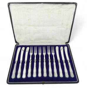 Antique Art Deco 1925 Boxed 12pc Sterling Silver Fruit Dessert Cutlery Set Knife - Picture 1 of 11