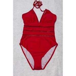 NWT Tempt Me Red One-Piece Swimsuit Size Medium Retro Chic Halter Cutout Beach - Picture 1 of 6