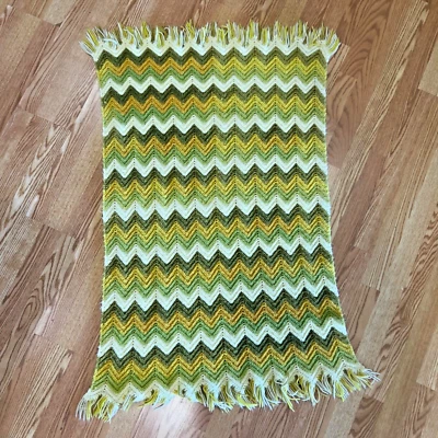Handmade Throw Blanket Rug Crochet Chevron Multiple Green Colors Small - Image 1 of 2