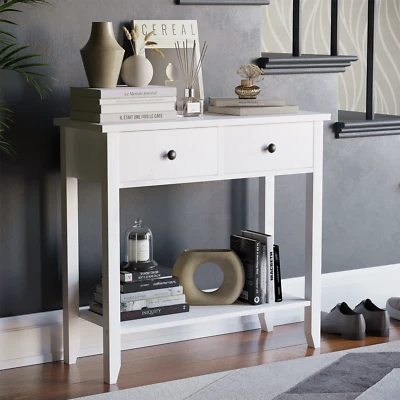 Console Table 2 Drawer White Storage Wood Side Sofa Hallway Entrance Furniture - Image 1 of 4