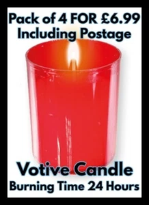4 VOTIVE CANDLES IN RED HOLDERS WE HAVE 100's OF OTHER RELIGIOUS ITEMS LISTED - Picture 1 of 3