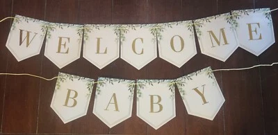 Banner de bienvenida para bebé 2 piezas, eucalipto, letras doradas, baby shower revelación de género usado en excelente estado Foto 1 de 4