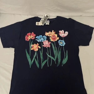Camiseta Vintage Ediciones Básicas Floral Azul Manga Corta Bordada Rosa Años 90 - Imagen 1 de 5