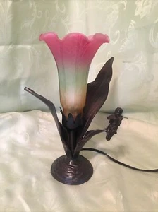 Tulip Table Lamp w/ Leaves Pink Green Yellow Glass, Metal Cherub Playing Violin - Picture 1 of 18