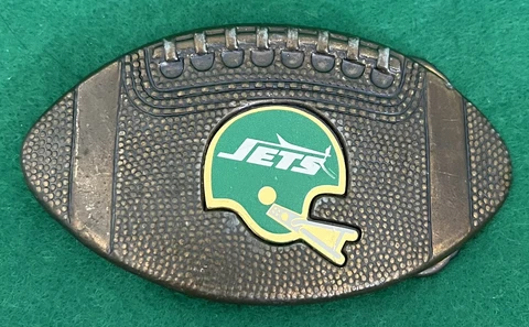 Vintage 1980’s New York Jets Football Shaped Belt Buckle NFL Cover