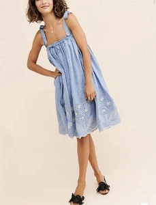 Innika Choo Swing Embroidered Linen Dress Blue Chambray Smock Midi Size 2 Boho - Picture 1 of 9