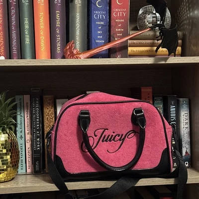  Juicy Couture Hot Pink Black Raising Star Bowler Bag Terry Cloth Crossbody - Image 1 of 4