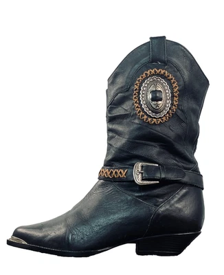 Botas occidentales negras vintage años 80 7 cuero genuino vaquera hebilla de tracción Foto 1 de 4