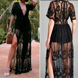 Honey Punch Floral Lace Overlay Maxi Romper Dress Black Womens Large Witchy - Picture 1 of 15