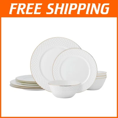 12-Piece Trellis Gold Rimmed Bone China Set - Service for 4, Chip Resistant - Image 1 of 4