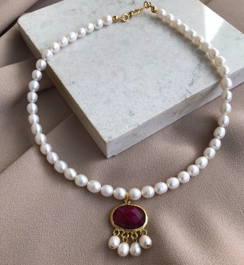 Silver Pearl Necklace Wedding Jewelry Ruby Stone Gift Wedding Jewelry Christmas - Image 1 of 3