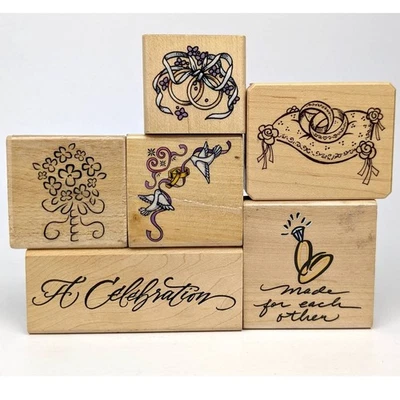 Paquete de 6 estampillas de goma con tema de boda, anillos, ducha nupcial, compromiso, ramo Foto 1 de 4