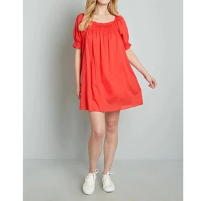 Modcloth Summertime Garden Stories gesmoktes Minikleid Gr. Medium Bonbonrot Neu - Bild 1 von 5