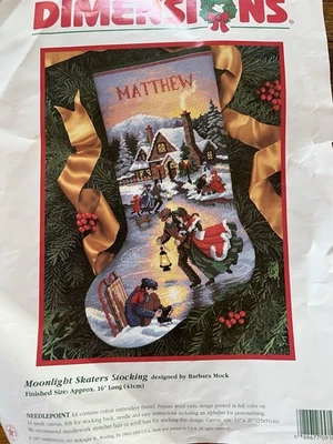 Vtg Dimensions Christmas Needlepoint Stocking Kit MOONLIGHT SKATERS 9109 Started - Image 1 of 4