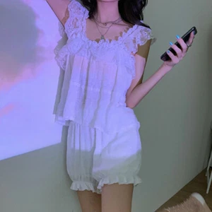 Damen Mädchen Lolita Top & Bloomer Set Spitze Rüschen Shorts Nachtwäsche Nachthemd süß - Bild 1 von 7