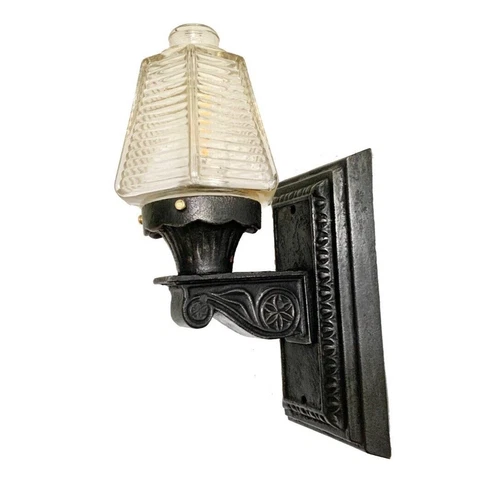 Antique Signed Cast Iron Sconce Arts and Crafts Light With Rare Globe Restored Cover